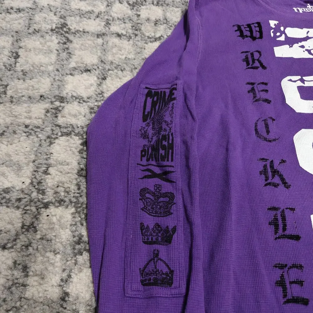Nostic Y2K Mens L Purple Thermal Waffle Long Sleeve Graphic Shirt Velvet Flock